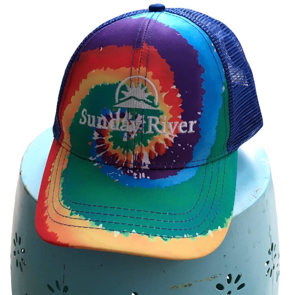 New Sunday River Truckers Baseball Hat Groovy Tie Dye Rainbow Ski Maine